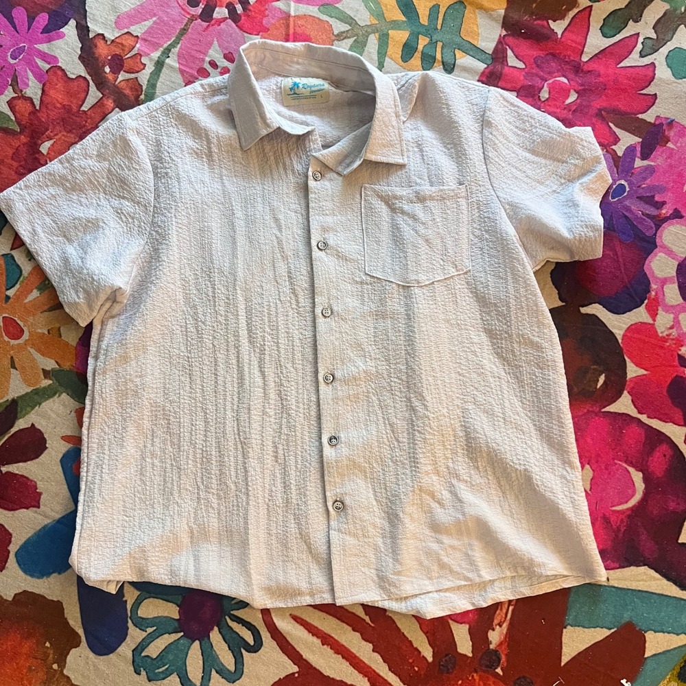 Royaura Hawaiian Shirt Mens Large Short Sleeve Textured Seersucker Gray Travel